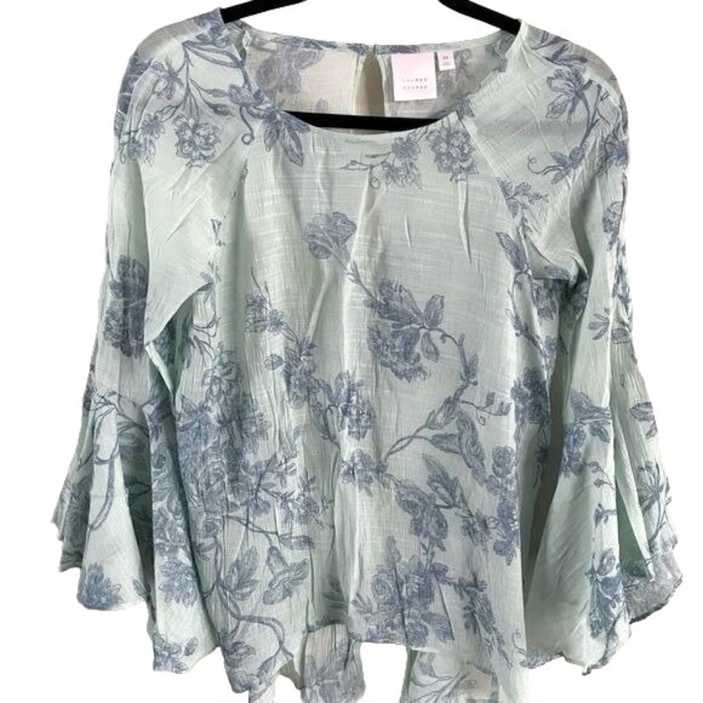 Lauren Conrad Women’s Blue & Green Semi-Sheer Bell Sleeve Blouse, Sz Medium